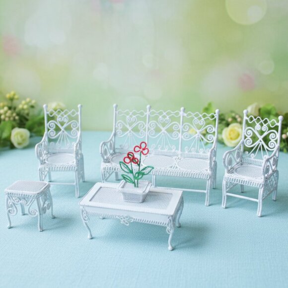 VTG Miniature Dollhouse White Metal Wicker Furniture Set Ornate Wire Patio Garde - Picture 1 of 10